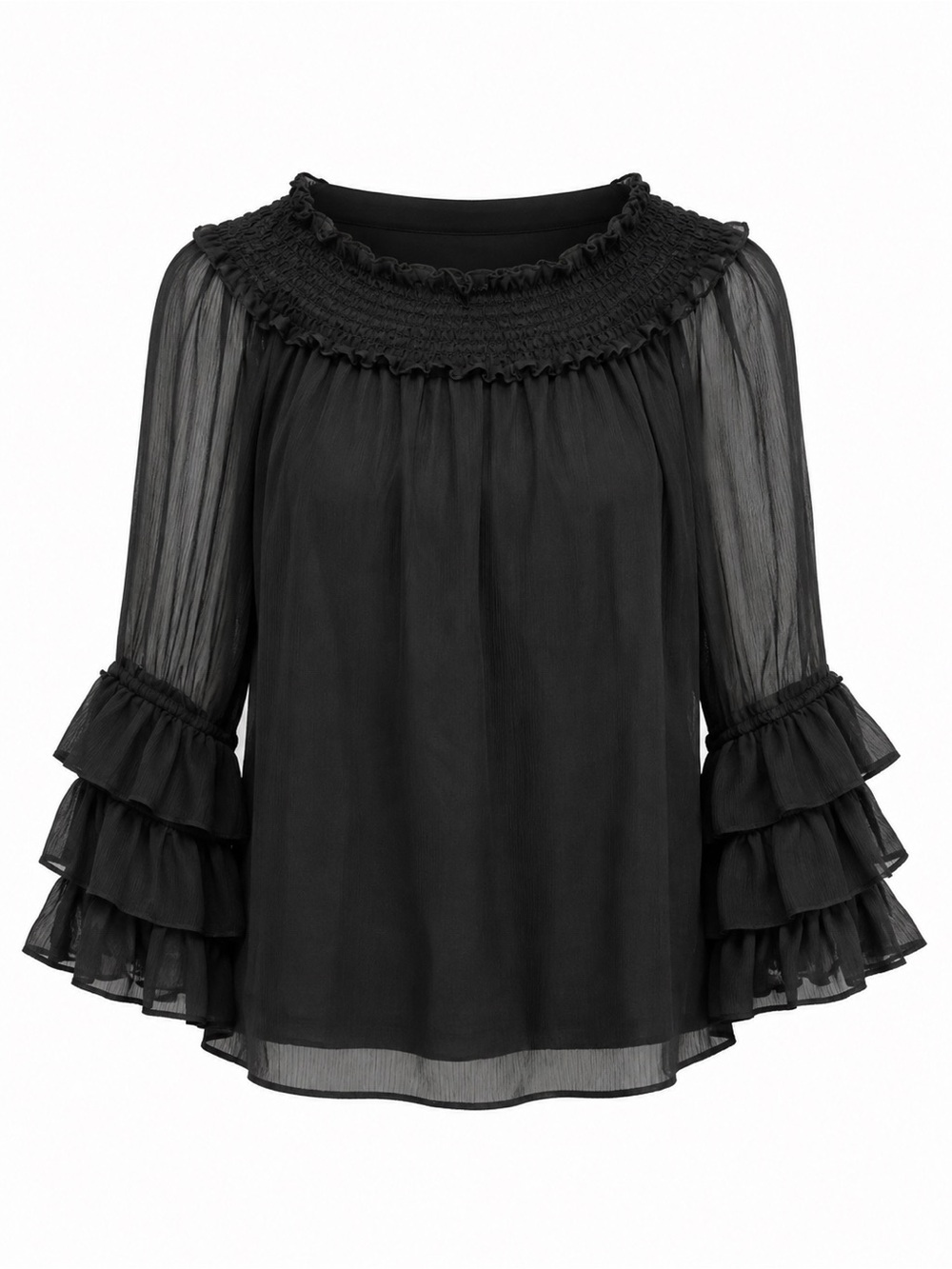 CeCe Black Smocked Yoke Ruffle Bell-Sleeve Blouse, S